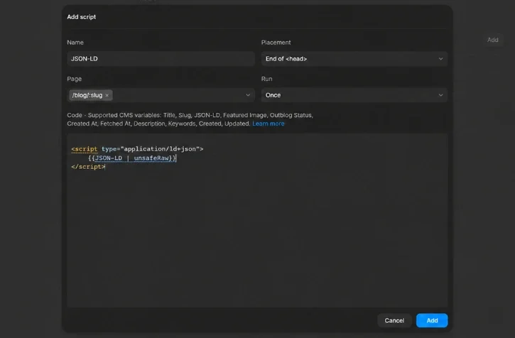 Framer Code settings with a JSON-LD script placed at the end of the head for the blog page