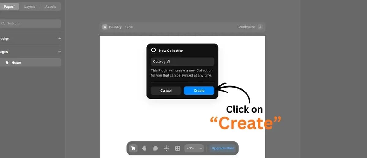 Framer prompt showing new CMS collection name for Outblog-AI