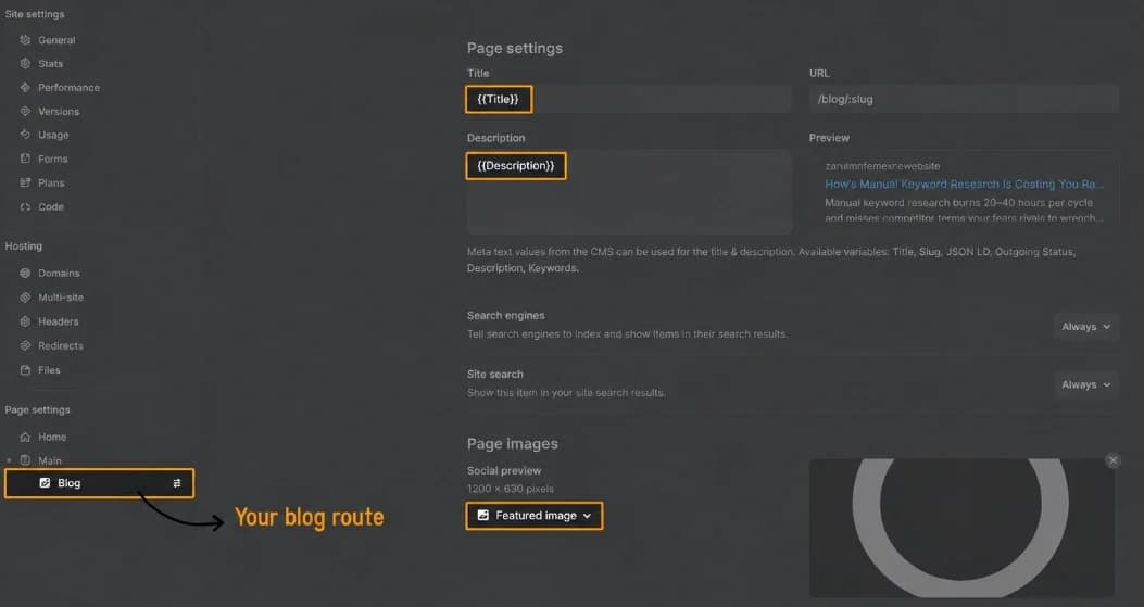 Framer page settings with Title and Description CMS variables and Featured Image selected for the social preview