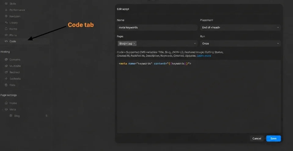 Framer Code settings with a keywords meta script placed at the end of the head for the blog page