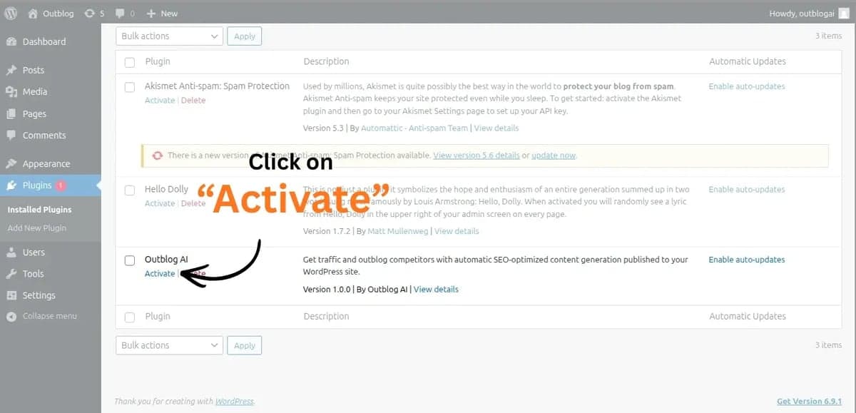 Activating the OutblogAI plugin from the WordPress plugins screen