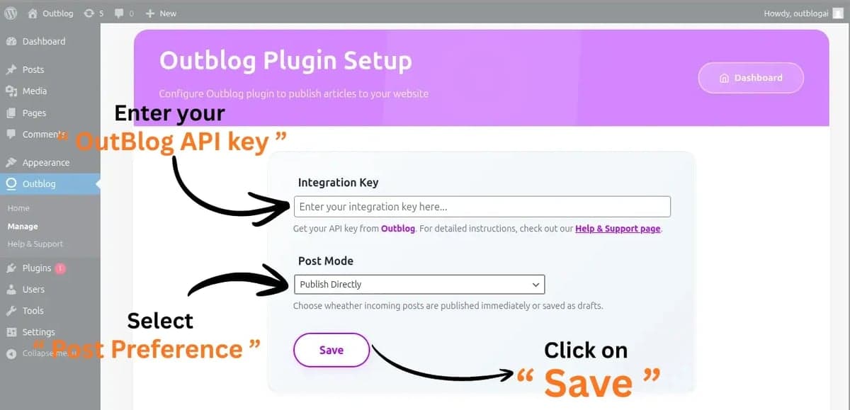 OutblogAI WordPress plugin manage screen with integration key and publish options