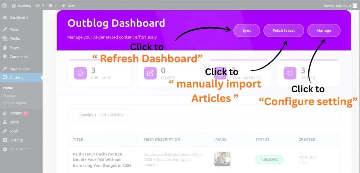 OutblogAI WordPress plugin dashboard showing fetched blogs and controls