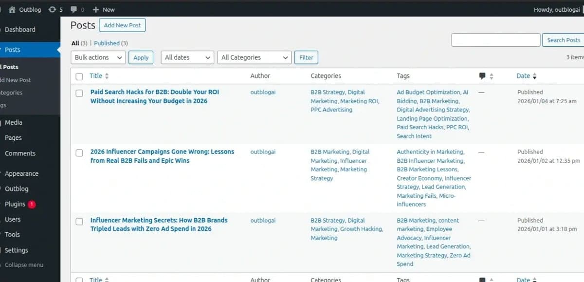 WordPress Posts list showing Outblog-synced articles in the Posts tab